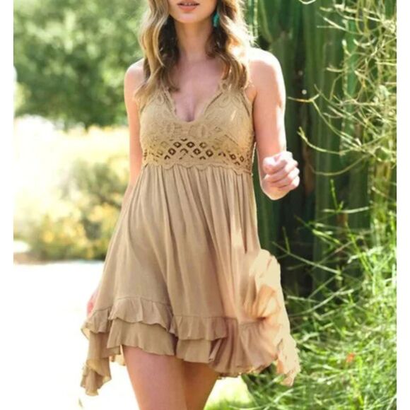 ~ Boho Sundress Le Miel Crochet Med Beachy Tan Mini Slip Dress Layered Bralette - Picture 13 of 16